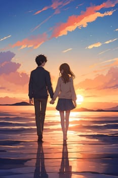 A man and a woman are depicted walking together along a beautiful beach as the sun sets in the background.
