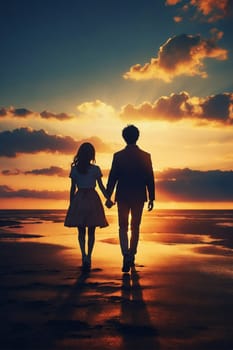 A man and a woman walk along the beach as the sun sets, creating a stunning silhouette against the colorful sky.