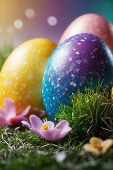 A collection of vibrant eggs arranged in a cluster on a bed of lush green grass.