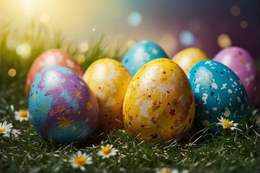 A collection of painted eggs displayed on top of a field covered in lush green grass.