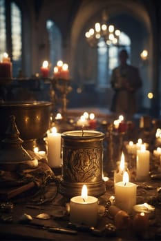 A table covered in multiple lit candles, creating an ambient and warm atmosphere.