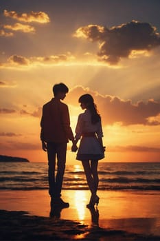 A man and a woman are standing on top of a beach, overlooking the ocean.