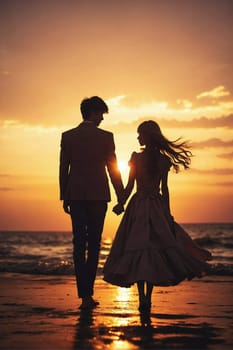 A man and a woman walk on a beach during sunset, enjoying the beautiful scenery and the sound of the waves crashing.