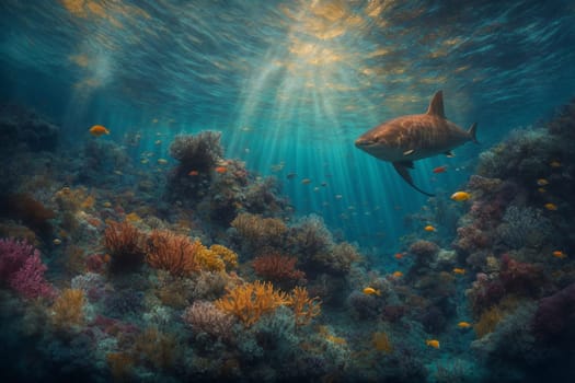 A realistic painting capturing the image of a shark gracefully swimming above a vibrant coral reef.