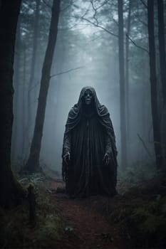 A person wearing a hooded cloak stands amidst the trees in a forest.