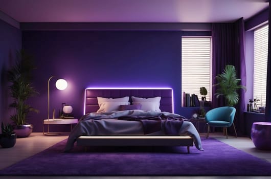 A bedroom with walls and a bed painted in shades of purple.