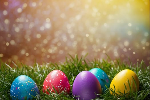 A vibrant collection of Easter eggs arranged together on the green grass.