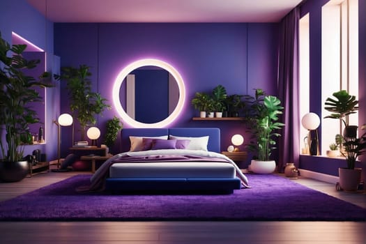 This photograph showcases a bedroom interior featuring walls and a rug in a vibrant shade of purple.
