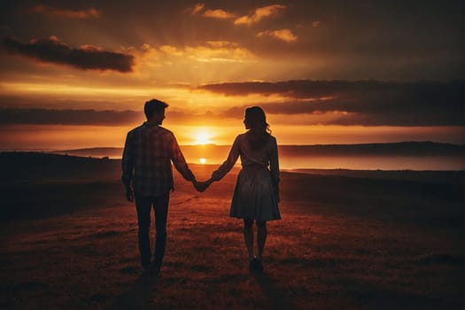 A couple stands side by side, holding hands as the sun sets behind them, creating a warm and romantic scene.