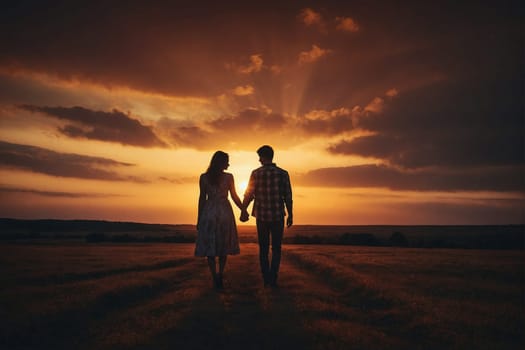 A man and a woman hold hands as the sun sets in a scenic landscape.
