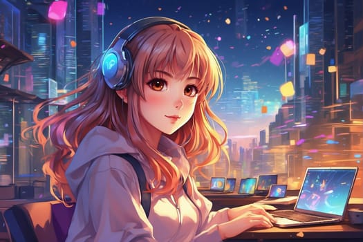 A girl wearing headphones is sitting in front of a laptop and using it.