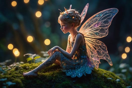 A fairy sitting on a mossy surface is surrounded by the soft glow of fairy lights in the background.
