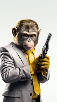 a monkey hold a gun in white background. Generative AI..