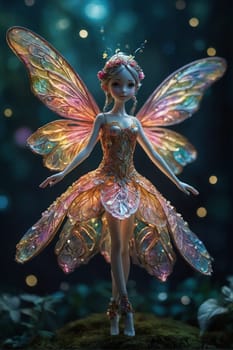 A fairy with wings and a flower in her hair stands gracefully in a magical setting.