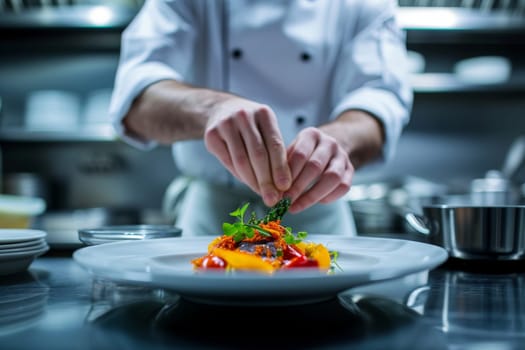 Professional kitchen, chef decorating a food plate in professional modern kitchen.