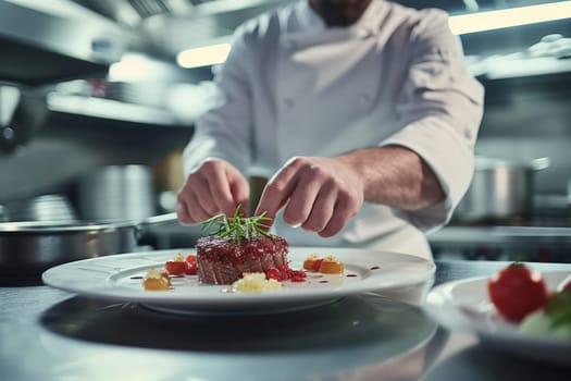 Professional kitchen, chef decorating a food plate in professional modern kitchen.
