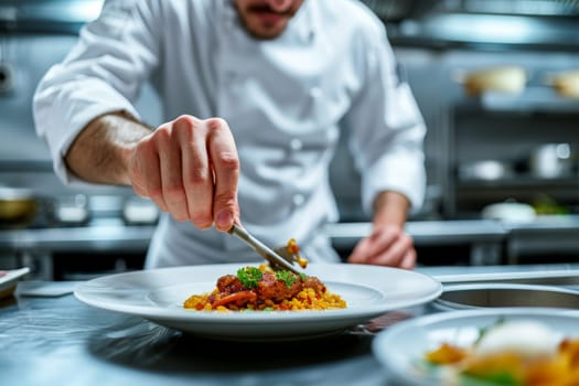 Professional kitchen, chef decorating a food plate in professional modern kitchen.