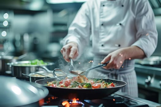 Professional kitchen, chef decorating a food plate in professional modern kitchen.