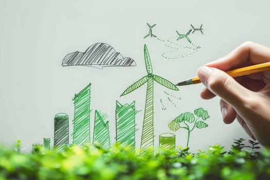Green energy. Sustainable renewable energy, person drawing outlines sustainable energy.
