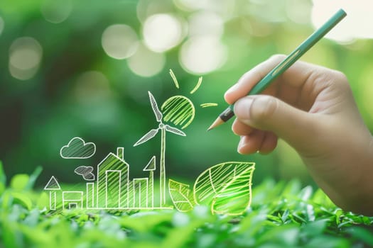 Green energy. Sustainable renewable energy, person drawing outlines sustainable energy.