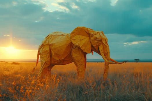 Earth and animal, Abstract origami paper art elephant, Concept Nature reserve conserve Wildlife.