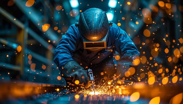 Proffessional welder at work. Handymen performing welding and grinding at their workplace in the workshop, while the sparks fly all around them, they wear a protective helmet and equipment. Sparkling lights bokeh