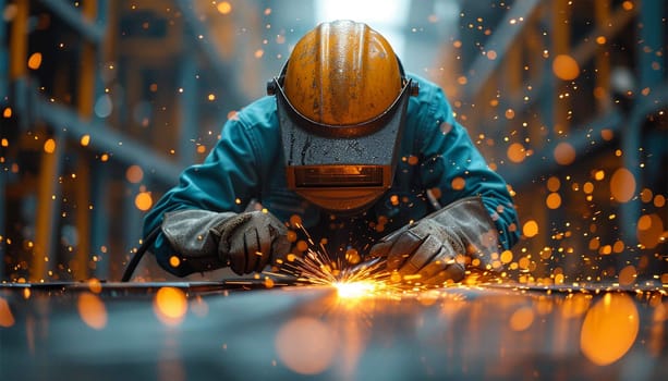 Proffessional welder at work. Handymen performing welding and grinding at their workplace in the workshop, while the sparks fly all around them, they wear a protective helmet and equipment. Sparkling lights bokeh