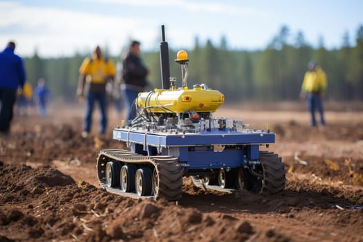 A laboratory technician selects a soil sample for analysis, sampling soil from the outside. Remote control drone for demining.