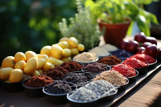 Samples of a variety of mineral fertilizers for the soil on the table in the laboratory.