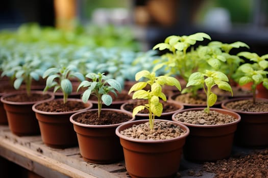 Seedlings of basil in pots, growing basil in a greenhouse, basil is a spicy herb.