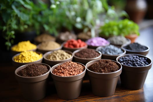 Samples of a variety of mineral fertilizers for the soil on the table in the laboratory.