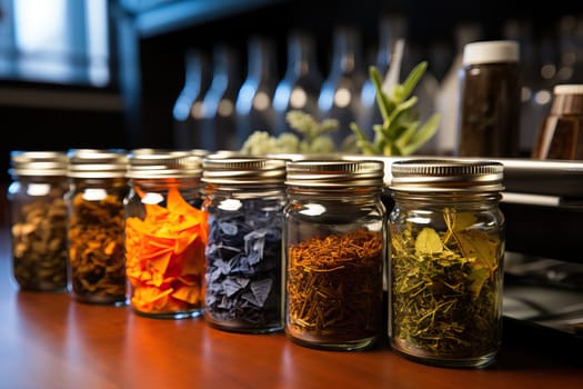 A set of different herbs in jars in the kitchen on the table, kitchen seasonings.