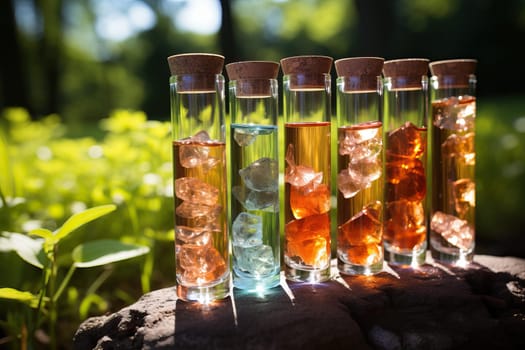 mineral crystals in laboratory flasks filled with liquid and corked outside illuminated by the sun.