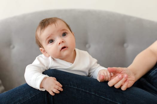 Portrait of cute little baby in casual clothes looking at camera while holding hand of crop anonymous person at home against blurred background in lit room. Adorable infant relaxing in apartment.