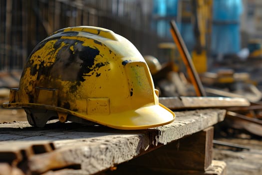 Old yellow hard hat at construction site. Neural network generated image. Not based on any actual scene or pattern.