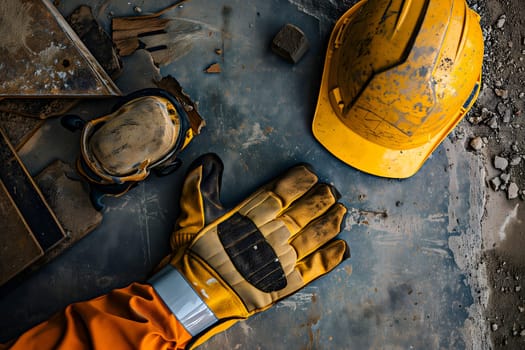 Old yellow hard hat at construction site. Neural network generated image. Not based on any actual scene or pattern.