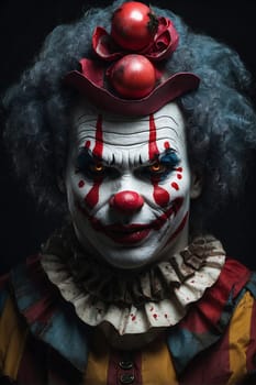 A detailed shot capturing the close-up view of a clowns face adorned with vibrant and elaborate clown makeup.