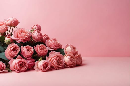 A photo featuring a bouquet of pink roses placed on a pink background.