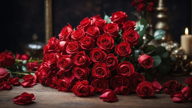 A collection of red roses arranged in a bunch and placed on a table.