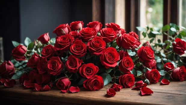 A collection of vibrant red roses arranged neatly on a wooden table.