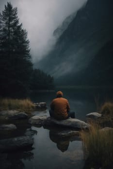 A person sits on a rock near a peaceful body of water, gazing out at the calm surroundings.