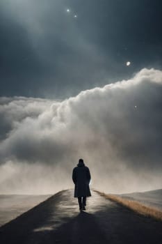 A man is seen walking down a road under a cloudy sky, surrounded by a serene and scenic landscape.