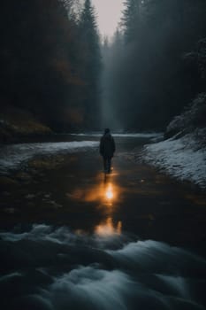 A person is walking down a path surrounded by trees in a forest.