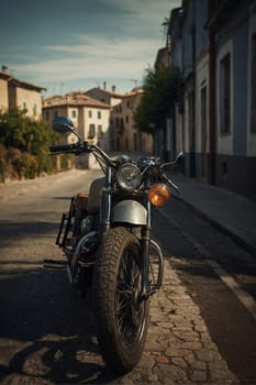 A motorcycle is parked on the side of a street, adding to the urban landscape.