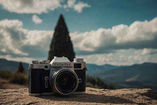 A camera is sitting on top of a rock, capturing images in a natural outdoor setting.