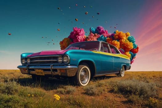 A car covered in a vibrant array of balloons parked on the side of the road.