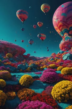 Multiple hot air balloons float gracefully in the sky, creating a colorful and vibrant scene.