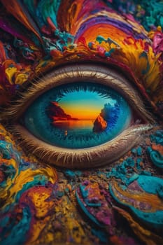 This photo depicts a close-up of an eye with a painting delicately and intricately detailed on the iris.