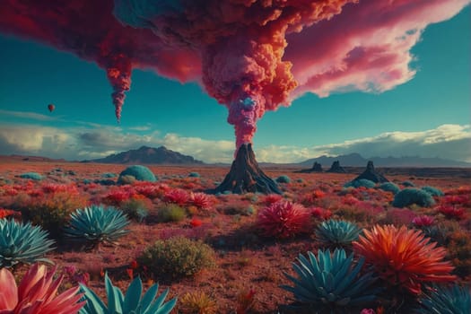 A massive cloud of smoke billows up from a tree engulfed in flames in the arid desert landscape.