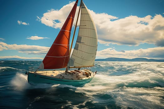 Sailing yacht in the sea against the background of the sky and mountains, vacation on a yacht with sails.